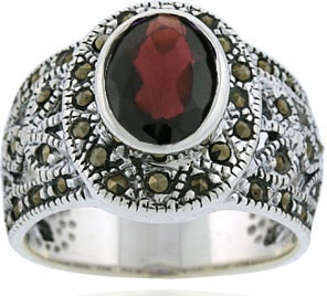   Sterling Silver Marcasite and Genuine Garnet Ring  