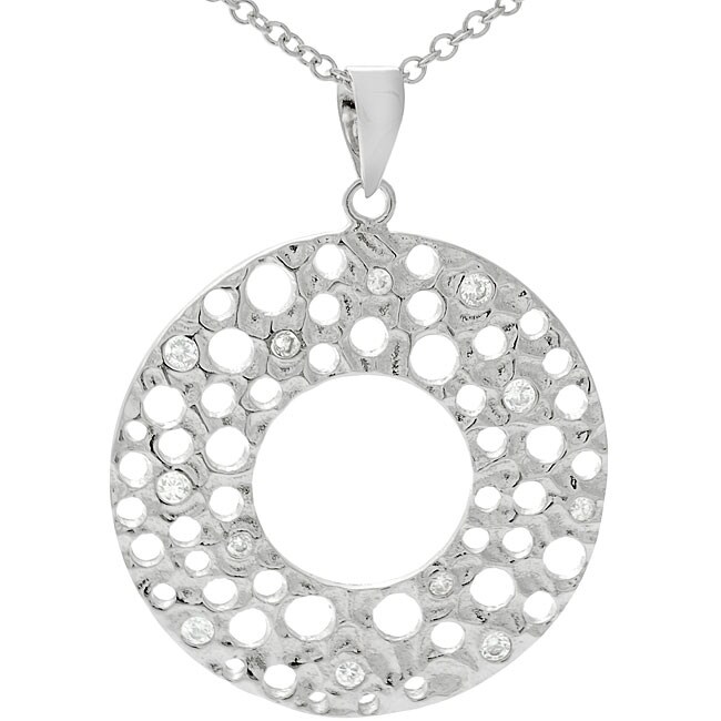 Sterling Silver CZ Hammered Circle Necklace  