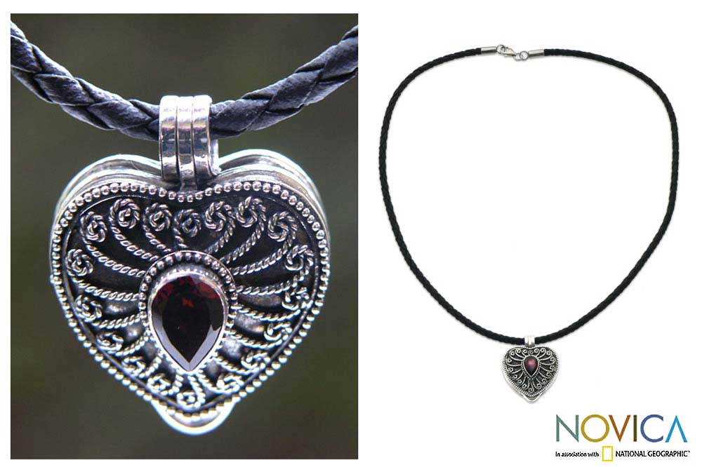 Leather Garnet Love Locked Locket Necklace (Indonesia)   