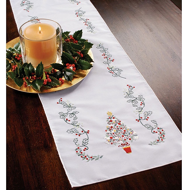 Christmas Holly Stamped Embroidery Table Runner - Free Shipping On