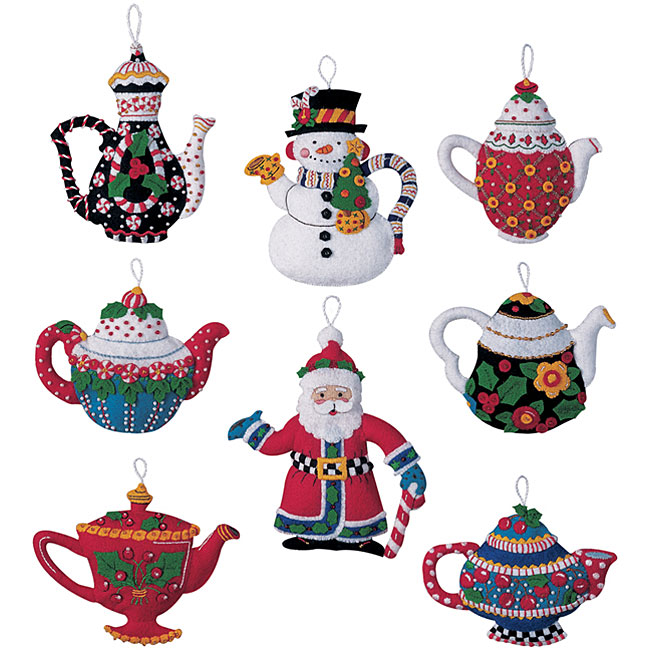 Christmas Tea Pots Ornaments Felt Applique Kit (Set of 8)   