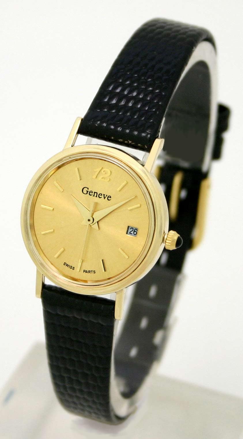 Geneve 14k Gold Women's Leather Strap Watch - Free Shipping Today - Overstock.com - 11030170