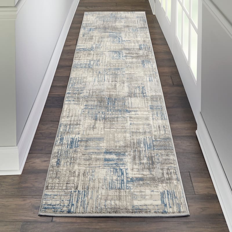 Nourison Solace Abstract Area Rug - 2'3" x 7'3" Runner - Ivory/Grey/Blue
