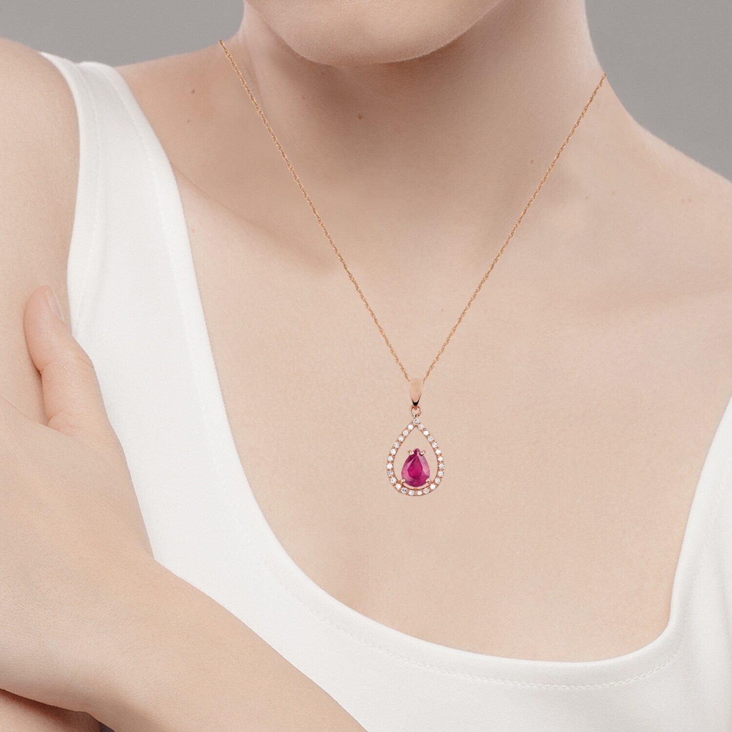 Viducci 10k Rose Gold Genuine Pear-Shape Ruby and Diamond Halo Tear-Drop  Pendant Necklace