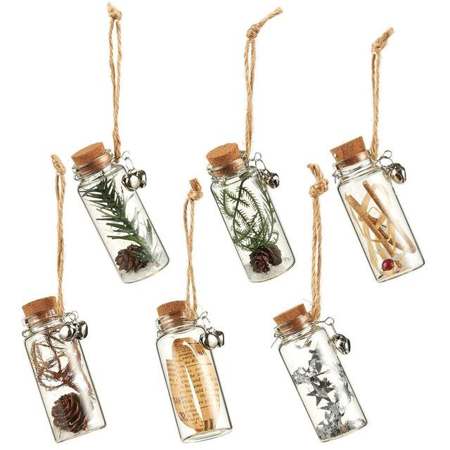 6-Pack Christmas Tree Decorations Hanging Glass Ornaments w/Cork Lid Jute String