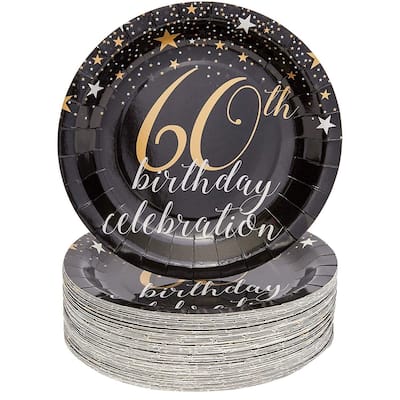 Sparkle and Bash 60th Birthday Paper Plates (80 Count), 9", Gold Black