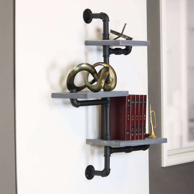 Carbon Loft Foronjy Weatherd Grey Wood and Black Pipe Wall Shelves
