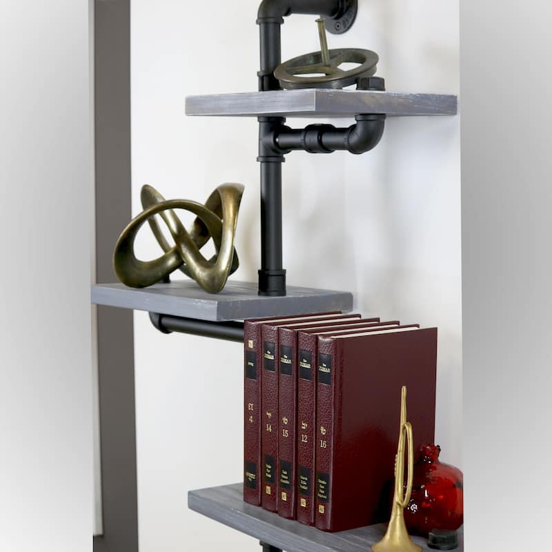 Carbon Loft Foronjy Weatherd Grey Wood and Black Pipe Wall Shelves