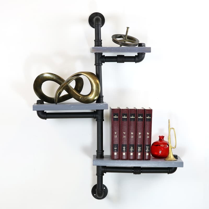 Carbon Loft Foronjy Weatherd Grey Wood and Black Pipe Wall Shelves