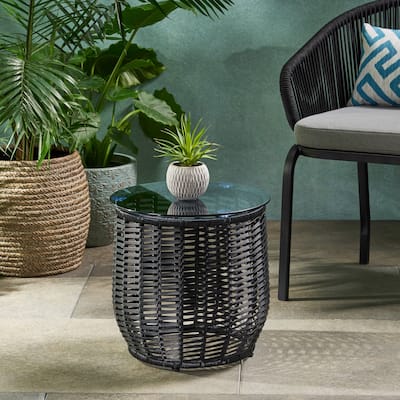 Boynton Outdoor Wicker Side Table with Tempered Glass Top by Christopher Knight Home - 15.50" W x 15.50" L x 15.50" H