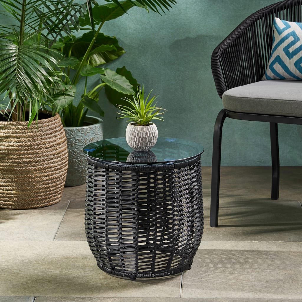 Boynton Outdoor Wicker Side Table with Tempered Glass Top by Christopher Knight Home - 15.50" W x 15.50" L x 15.50" H