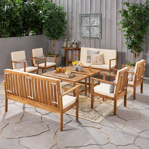 Luciano Outdoor Modern 8 Seater Acacia Wood Chat Set with Cushions by Christopher Knight Home