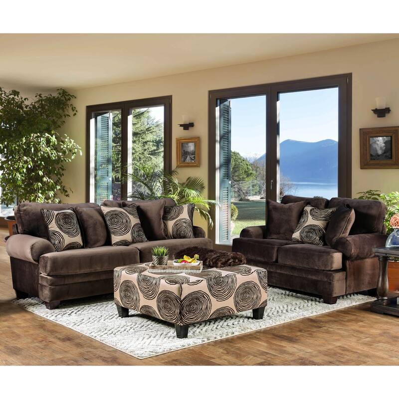 Jeta Contemporary Microfiber Padded 3-Piece Living Room Set with Ottoman by Furniture of America - Brown
