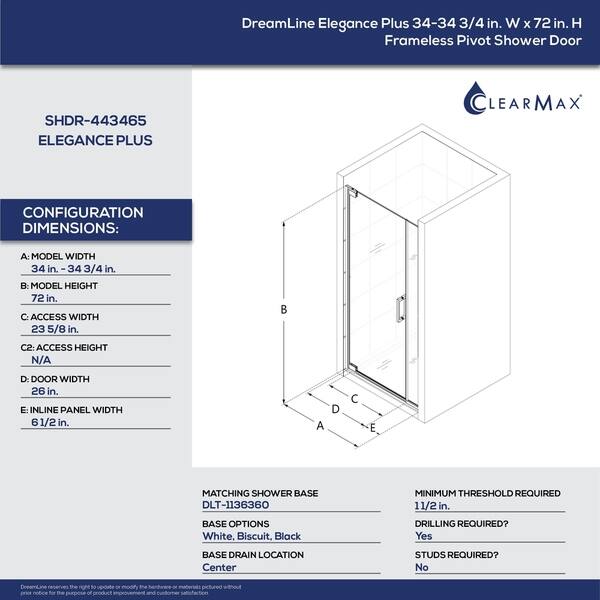 Dreamline Elegance Plus 34 34 3 4 In W X 72 In H Frameless Pivot Shower Door 34 34 75 W Overstock