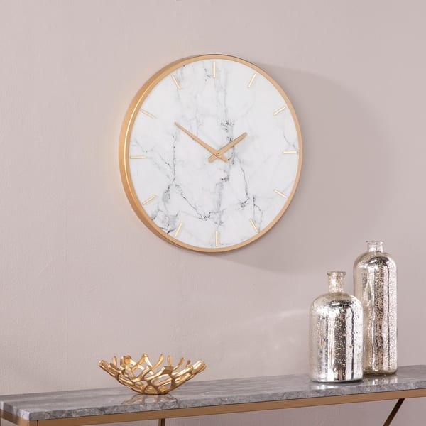 slide 1 of 8, Silver Orchid Leander White Marble and Gold Wall Clock