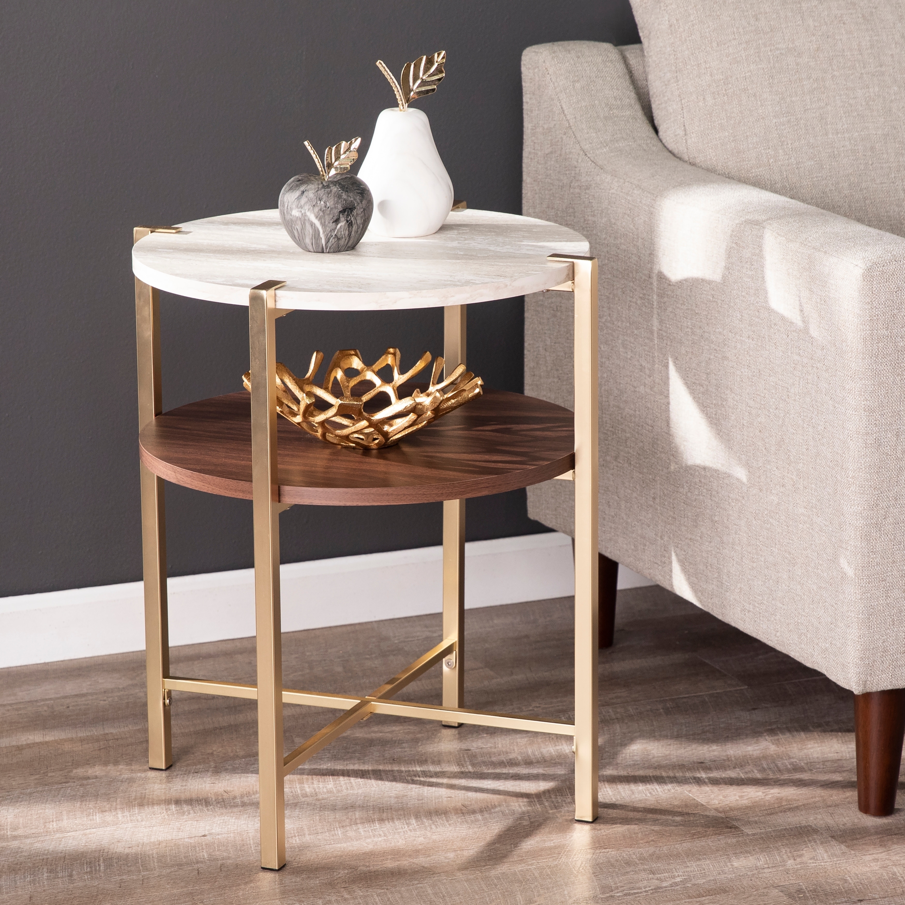 SEI Furniture Aldea Modern Round Side Table with Faux Marble Top and Faux Wood Shelf