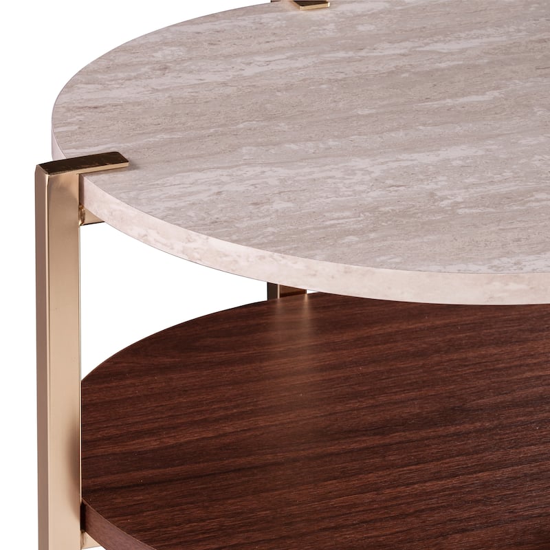 SEI Furniture Aldea Modern Round Side Table with Faux Marble Top and Faux Wood Shelf