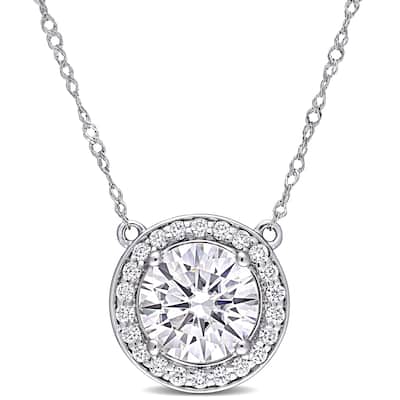 Miadora 2 1/5ct DEW Moissanite Halo Necklace in 14k White Gold - 12.1 mm x 17 in x 12.1 mm