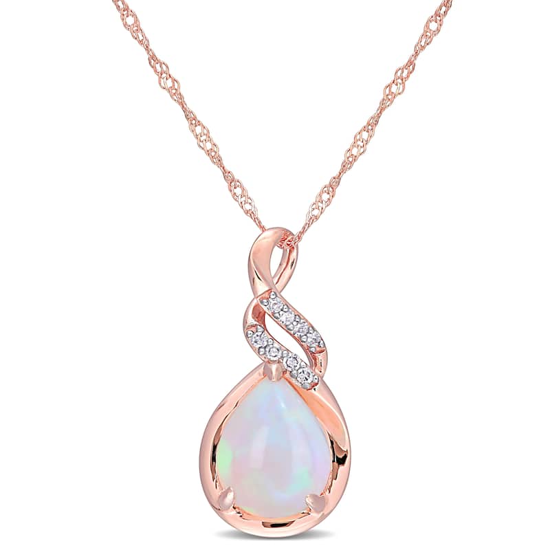 Miadora 10k Rose Gold Pear-Cut Blue Ethiopian Opal and Diamond Halo Drop Necklace