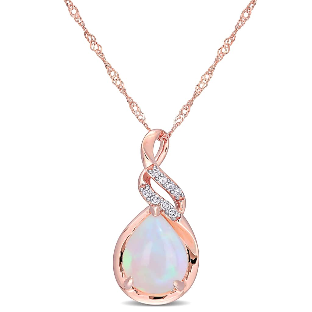 Miadora 10k Rose Gold Pear-Cut Blue Ethiopian Opal and Diamond Halo Drop Necklace