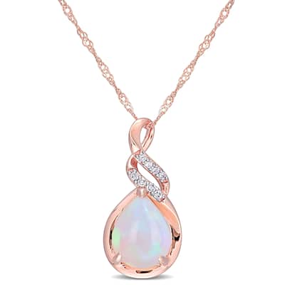 Miadora 10k Rose Gold Pear-Cut Blue Ethiopian Opal and Diamond Halo Drop Necklace