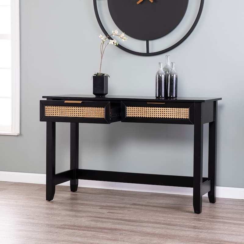 SEI Furniture Chekshire Mid-Century Modern Storage Console Table with Rattan Drawers