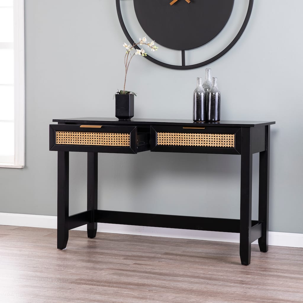 SEI Furniture Chekshire Mid-Century Modern Storage Console Table with Rattan Drawers