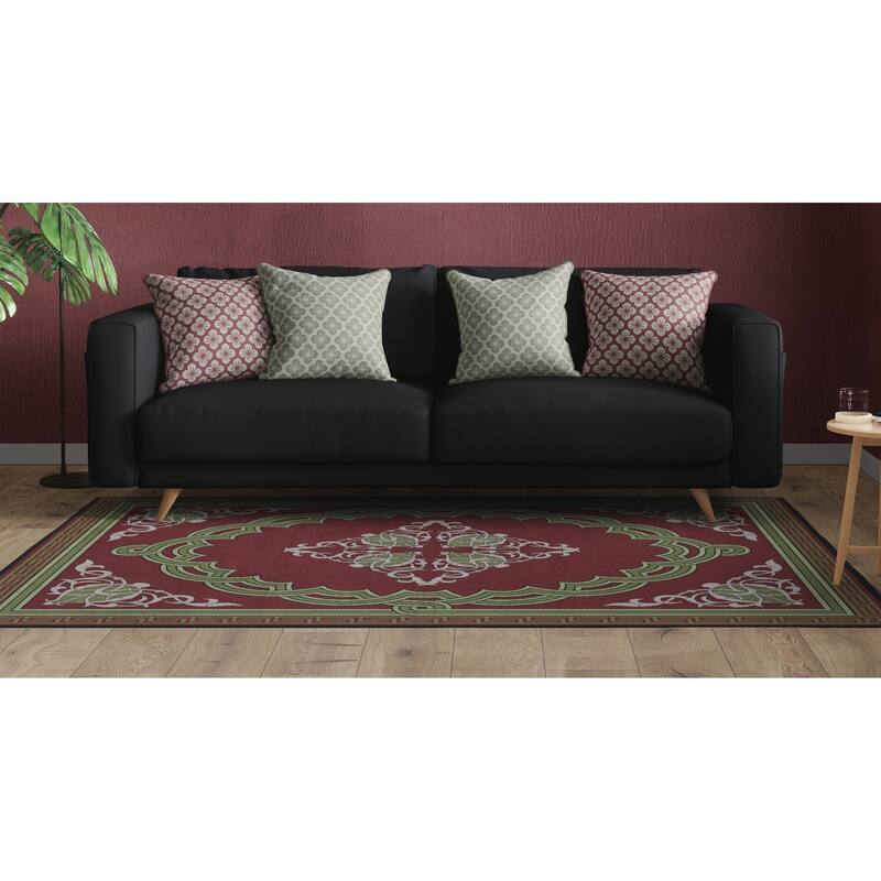 Deerlux Transitional Living Room Area Rug with Nonslip Backing, Red Medallion Pattern