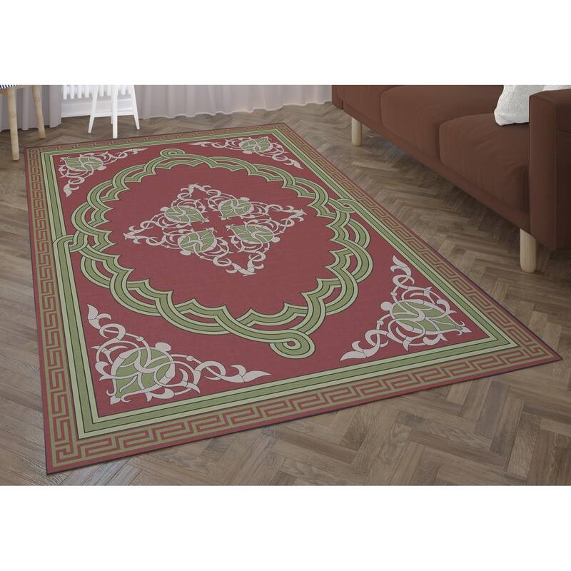 Deerlux Transitional Living Room Area Rug with Nonslip Backing, Red Medallion Pattern - 8' x 10'