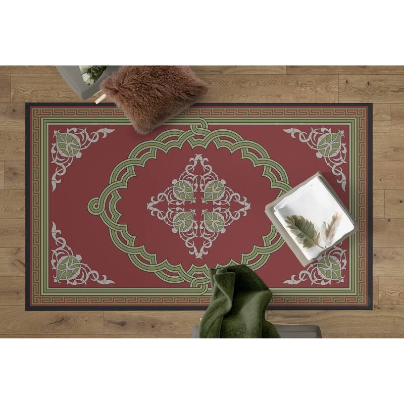 Deerlux Transitional Living Room Area Rug with Nonslip Backing, Red Medallion Pattern - 4' x 6'