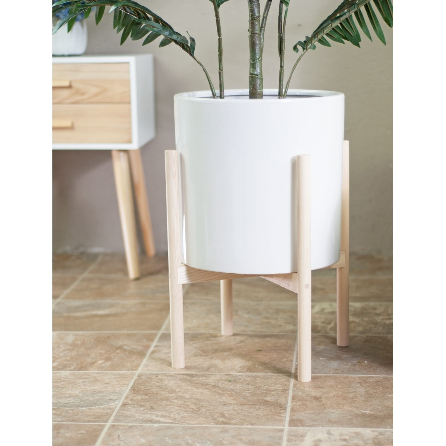 UPshining Mid-Century Modern Large Ceramic Planter With Wood Stand