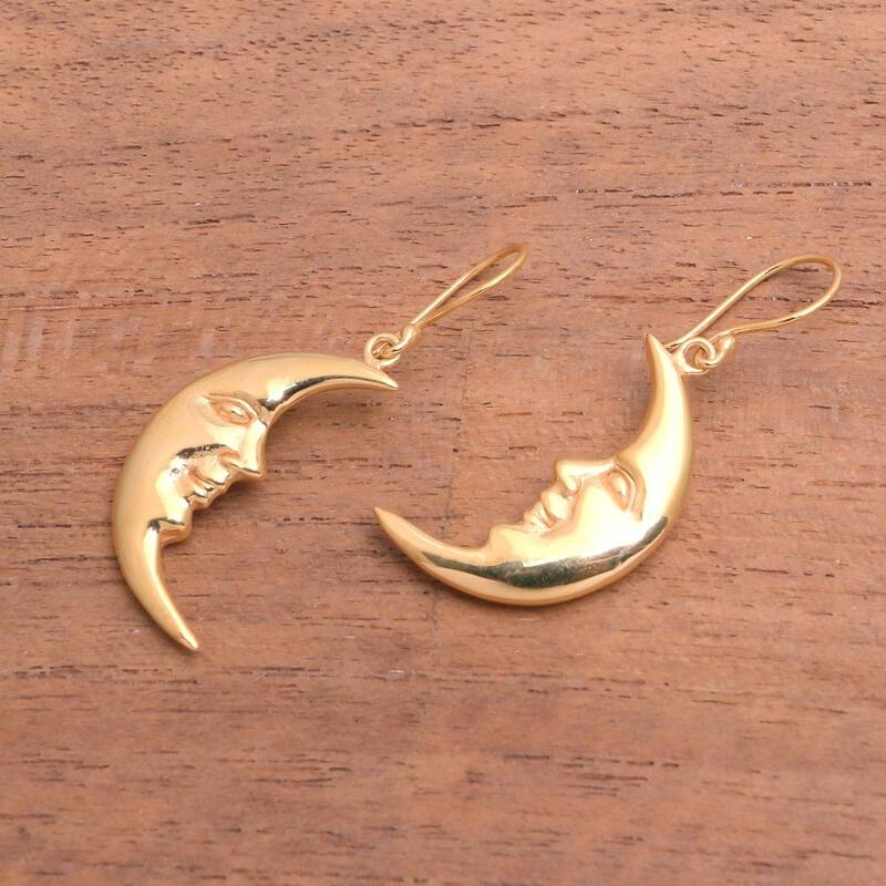 Handmade Happy Moon Gold Plated Sterling Silver Dangle Earrings (Indonesia) - 1.5*0.4