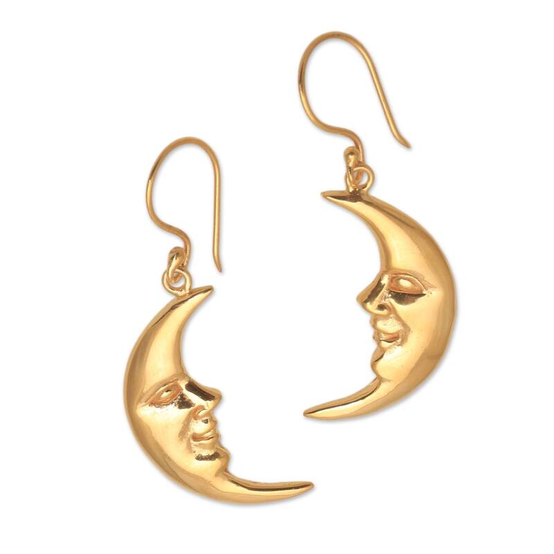 Handmade Happy Moon Gold Plated Sterling Silver Dangle Earrings (Indonesia) - 1.5*0.4