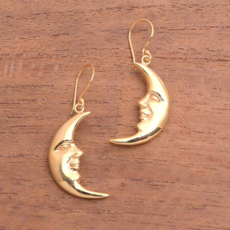 Handmade Happy Moon Gold Plated Sterling Silver Dangle Earrings (Indonesia) - 1.5*0.4