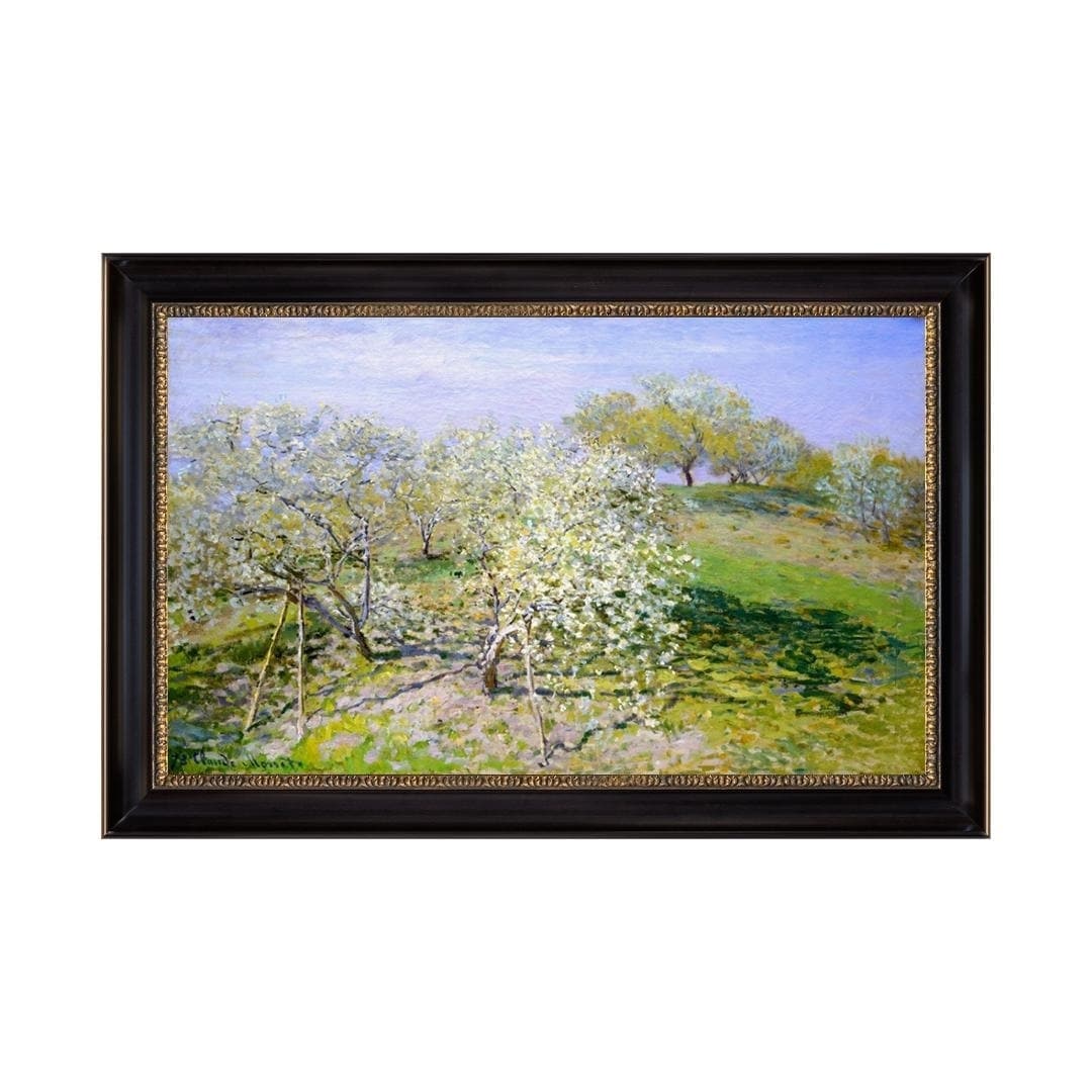 Spring (Fruit Trees in Bloom) by Claude Monet Black Frame Oil Painting Canvas Print 28 In. x 18 In.