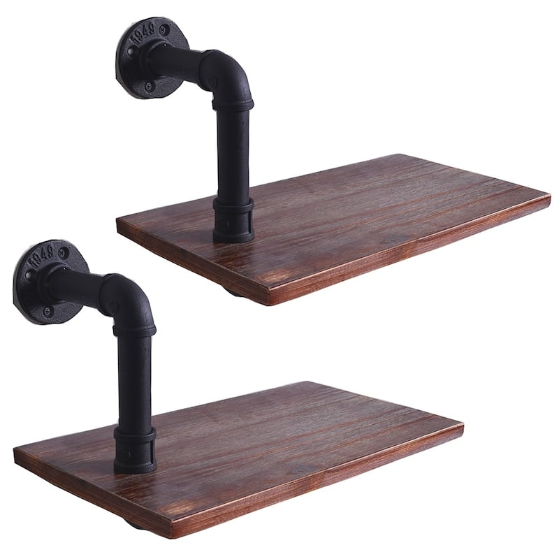 Carbon Loft Foronjy Paired Weathered Wood and Black Pipe Wall Shelves - Weathered Brown and Black