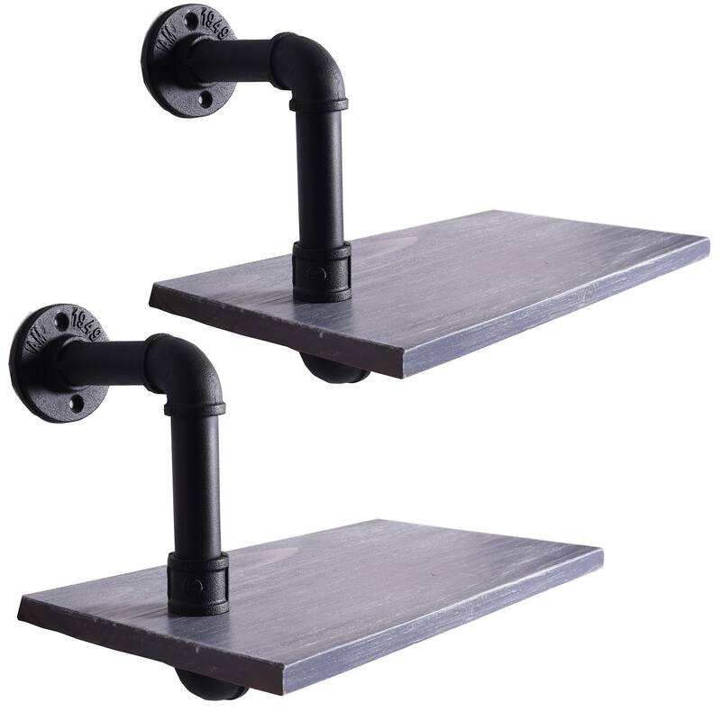 Carbon Loft Foronjy Paired Weathered Wood and Black Pipe Wall Shelves