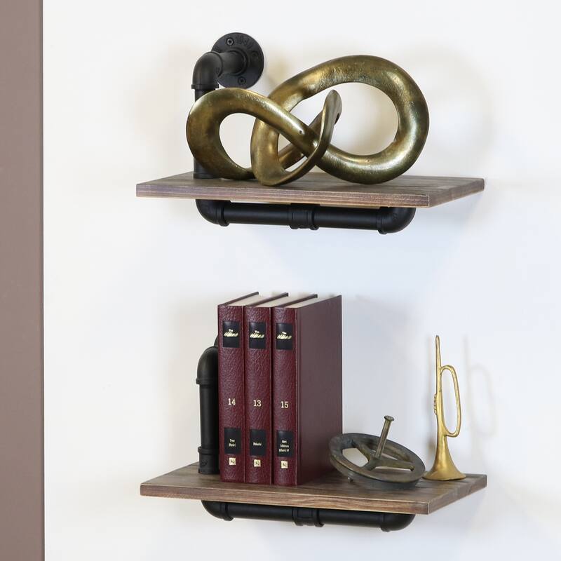 Carbon Loft Foronjy Paired Weathered Wood and Black Pipe Wall Shelves