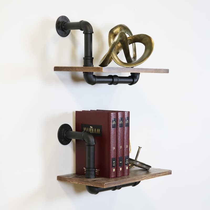 Carbon Loft Foronjy Paired Weathered Wood and Black Pipe Wall Shelves