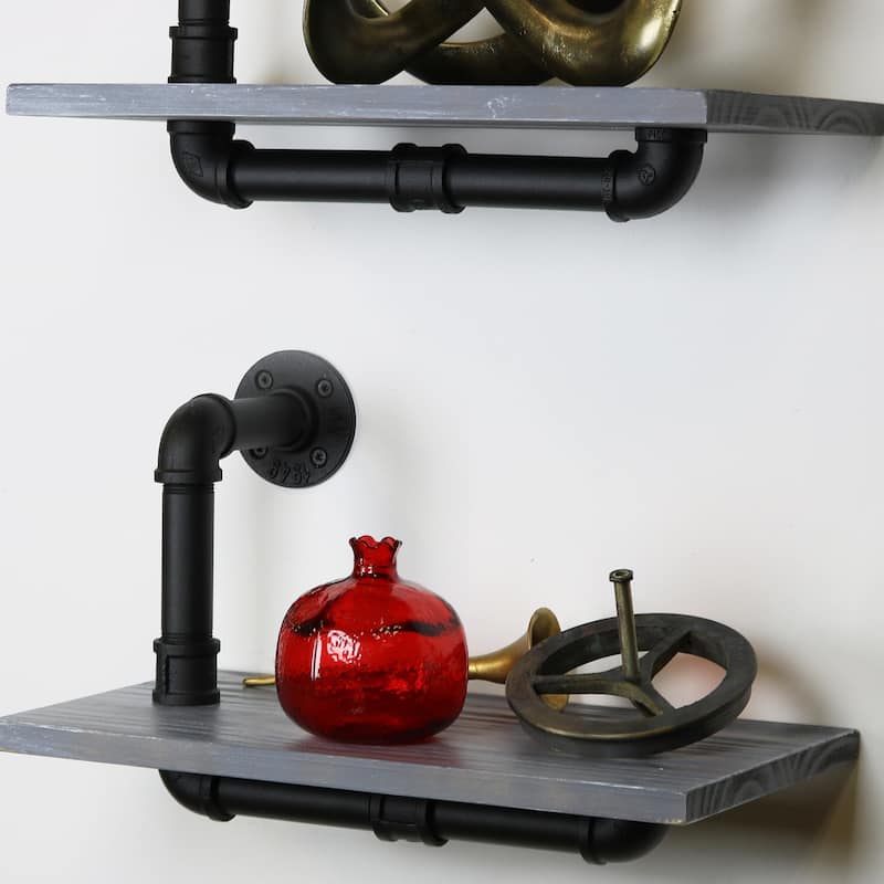 Carbon Loft Foronjy Paired Weathered Wood and Black Pipe Wall Shelves
