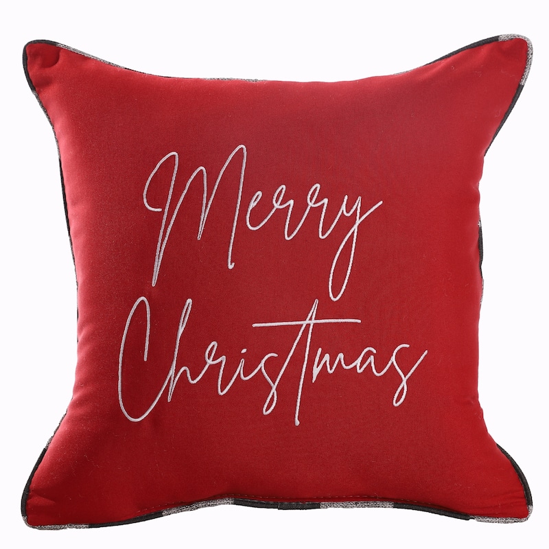Red with Black Buffalo Plaid Indoor/Outdoor "Merry Christmas" Embroidered Throw Pillow
