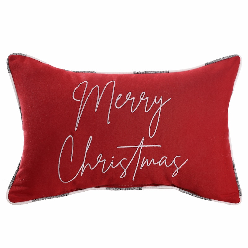 Red with Black Buffalo Plaid Indoor/Outdoor "Merry Christmas" Embroidered Throw Pillow