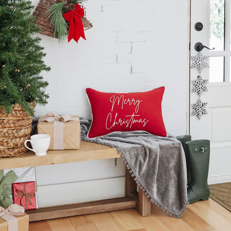 Red with Black Buffalo Plaid Indoor/Outdoor "Merry Christmas" Embroidered Throw Pillow