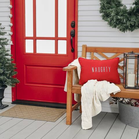 Sunbrella Canvas Natural with Jockey Red Indoor/Outdoor "Naughty and Nice" Embroidered Pillow, Corded