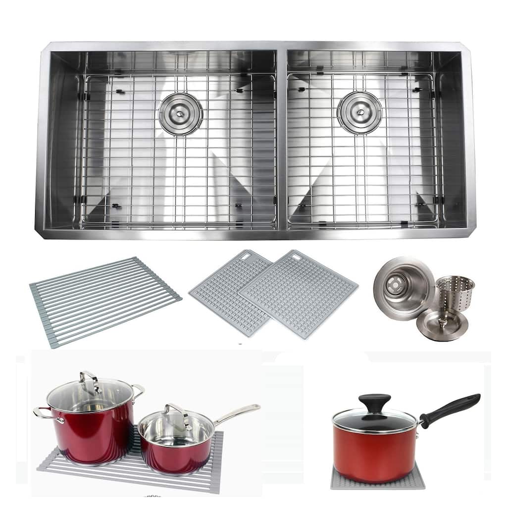 Undermount 42 in. x 20 in. x 10 in. Deep Stainless Steel 16-Gauge Double Bowl 60/40 Zero Radius Kitchen Sink Combo