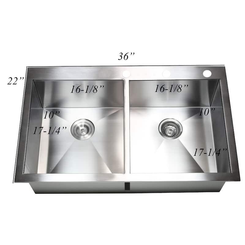 Topmount / Drop-in 16 Gauge 36 in. x 22 in. x 10 in. Stainless Steel Double Bowl 50/50 Zero Radius Kitchen Sink