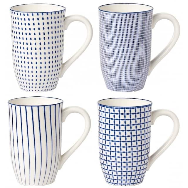 Japanese-style Tall 18-ounce Assorted Coffee Mugs (Set of 4) - Blue/White