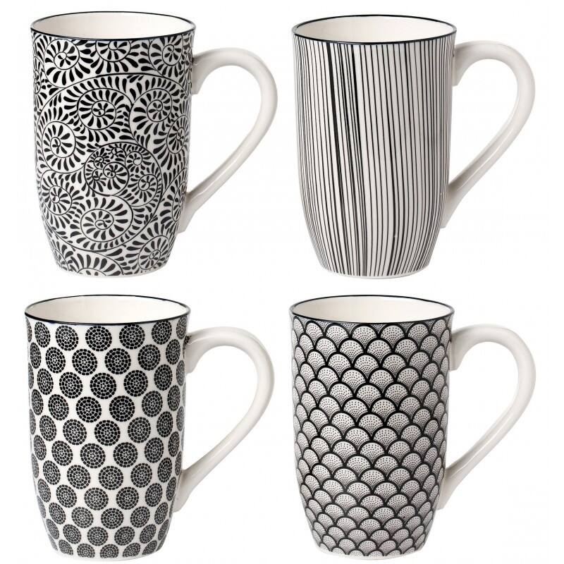 Japanese-style Tall 18-ounce Assorted Coffee Mugs (Set of 4) - Black/White