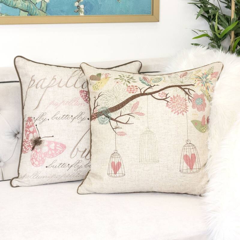 Lilly Embroidered Linen 20" Square Decorative Throw Pillow
