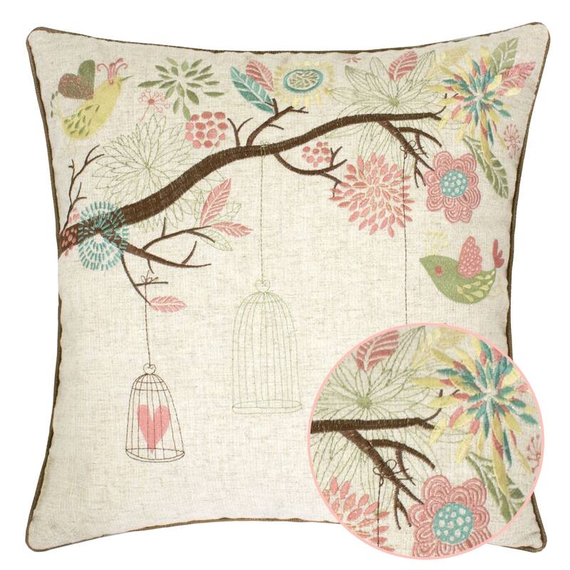 Lilly Embroidered Linen 20" Square Decorative Throw Pillow